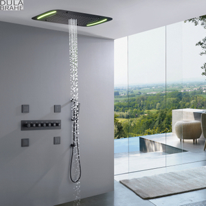 Matte Black Top End Shower LED Thermostatic Control Embed Ceiling Rainfall Waterfall Shower Faucets