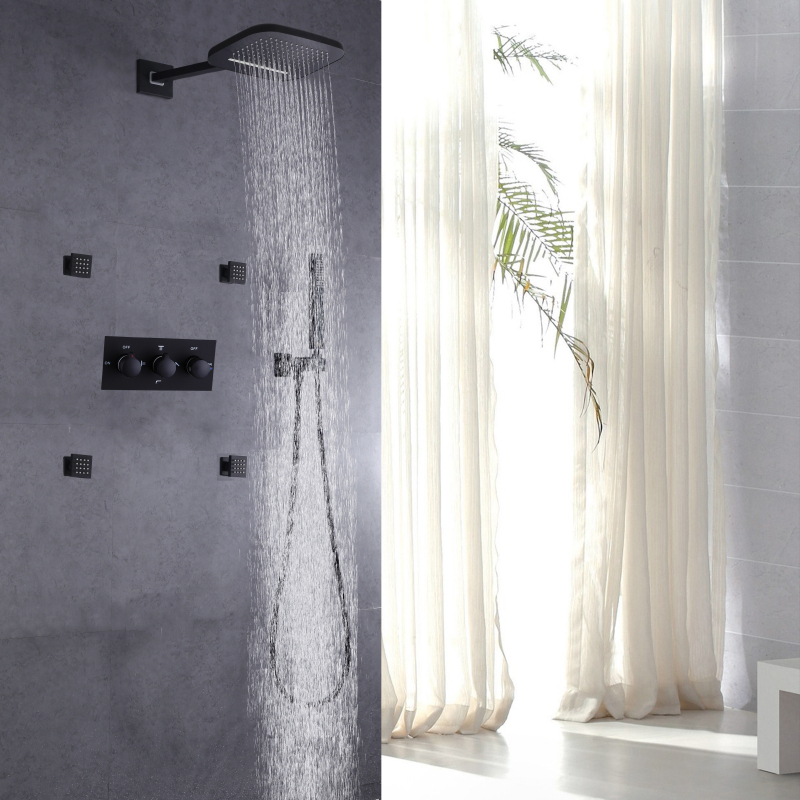 Matte Black Bathroom Cold And Hot Waterfall Rainfall Shower Mixer Set Hydro Jet Shower Head Handheld