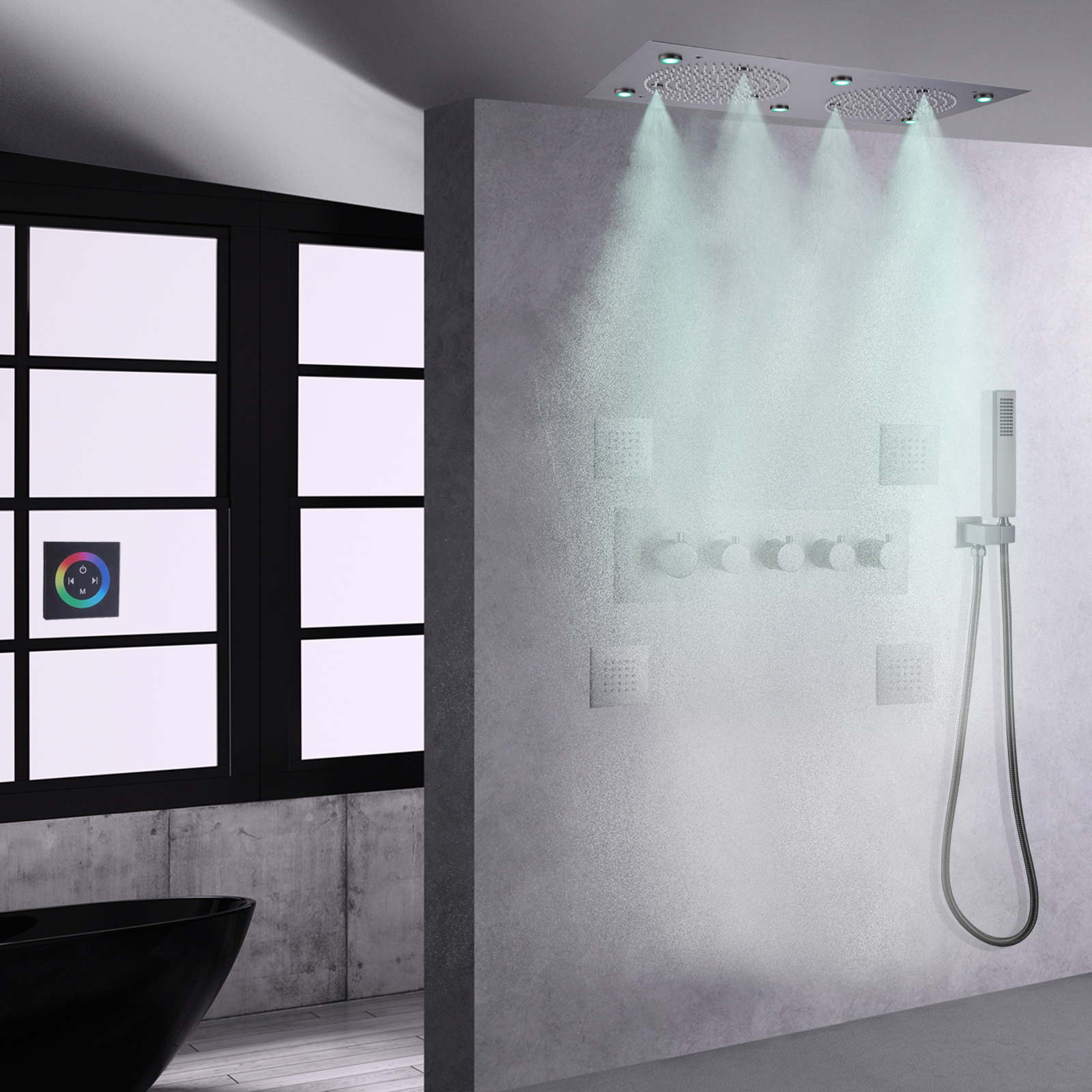 Gun Gray Shower Faucet LED Bathroom Thermostatic Shower Panel Rain Mist With Brass Handheld