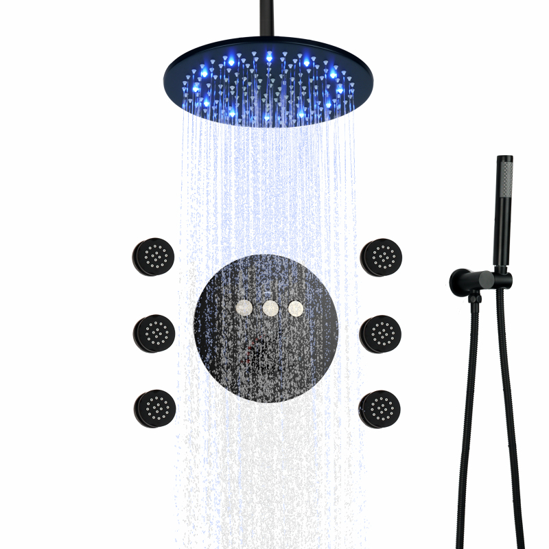 Matte Black Rainfall Round Shower Head Set 10 Inch LED Thermostatic Rain Bath Set With Handheld Sprays