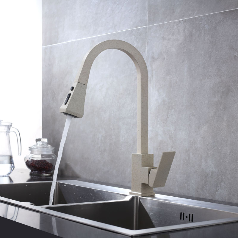 Oatmeal Color Contemporary Luxury Basin Sink Kitchen Faucets Bifunctional Pull Out Single Handle