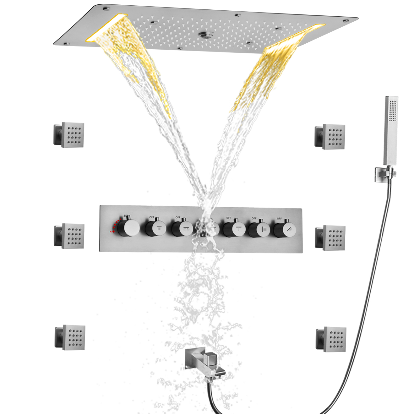 Brushed Nickel Thermostatic Shower System High Flow LED Bathroom Mist Rain Waterfall Bubble With Body Jet Shower
