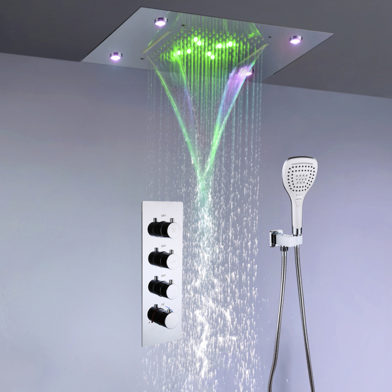 20*14 Inch Led Shower Head Rainfall Waterfall Ceiling Embedded Bathroom Thermostatic Shower Faucet Set