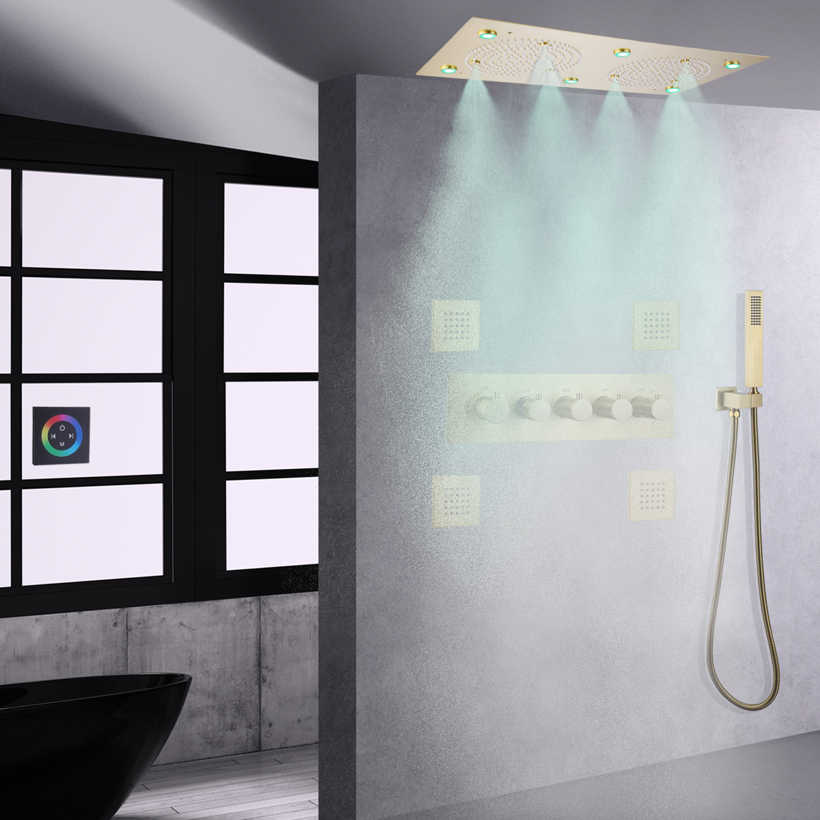 Brushed Gold LED Shower System Set Bathroom ThermostaticMist Rainfall Shower Massage Head