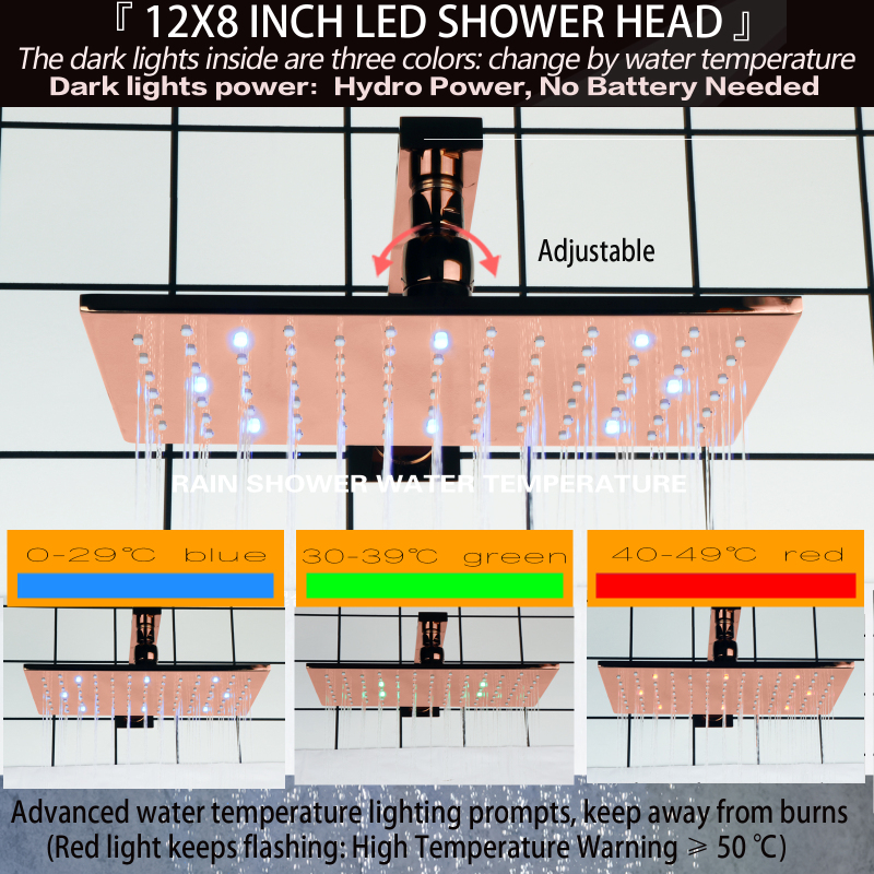 12X8 Inch Rectangular Rose Gold Thermostatic Bathroom Shower Faucet Set Push Button Valve LED Wall Rain Shower Head