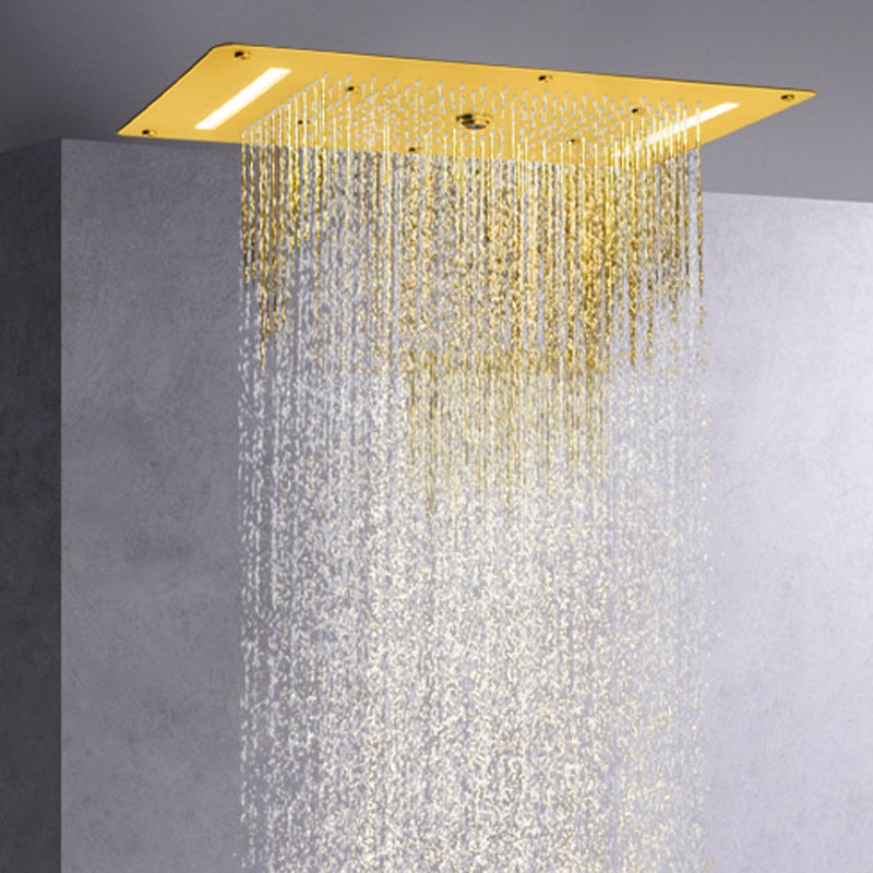 Brushed Gold Shower Mixer 70X38 CM LED Luxury Bathroom Multifunction Waterfall Rainfall Atomizing Bubble