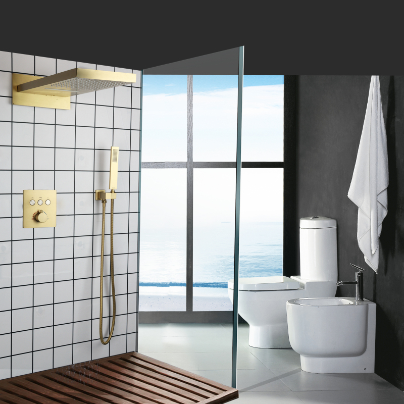 Thermostatic Brushed Gold Rainfall Shower Mixer Set Bathroom Waterfall Top-end Shower With Handheld