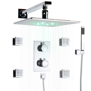 Chrome Polished LED Thermostatic Wall Mount Shower System Rainfall Handheld Shower Set