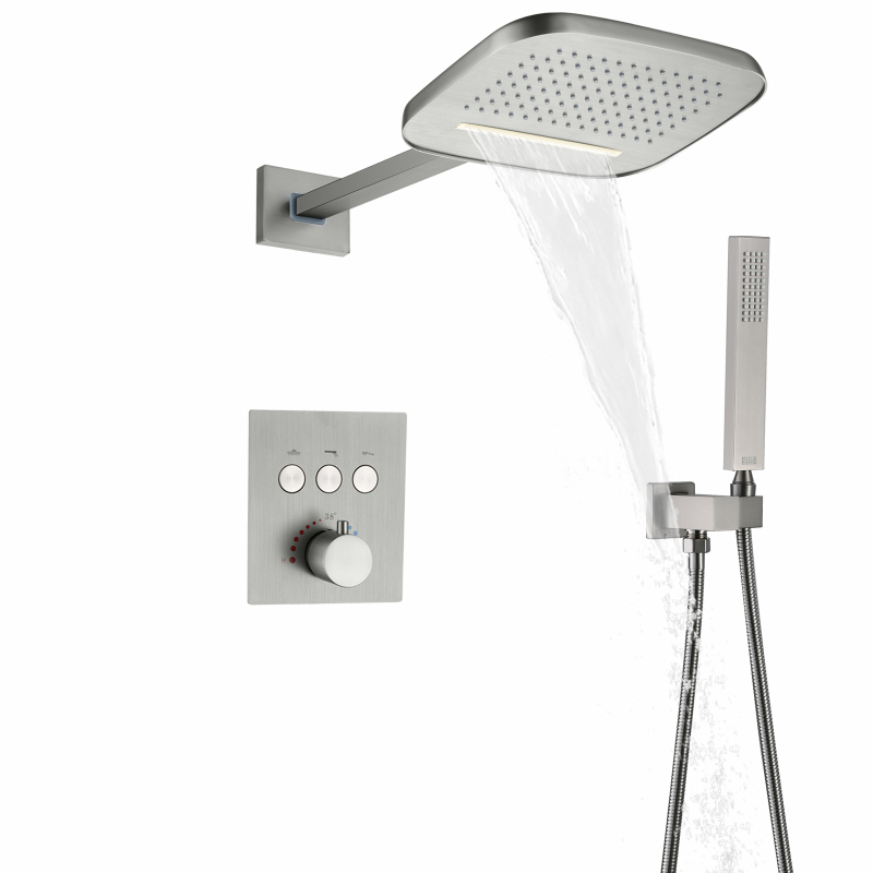 Brushed Nickel Bathroom Thermostatic Rainfall Shower Mixer Set Top Waterfall Shower With Handheld