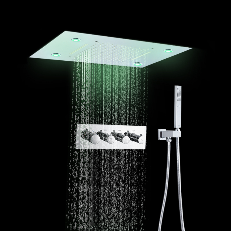 Chrome Multifunction Colorful LED Shower Head System Waterfall Rainfall Thermostatic Shower Faucet Set