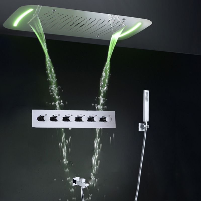 Rectangular Thermostatic Multi-Functions Waterfall Rainfall Shower Head Embed Ceiling LED light Bathroom Shower faucet