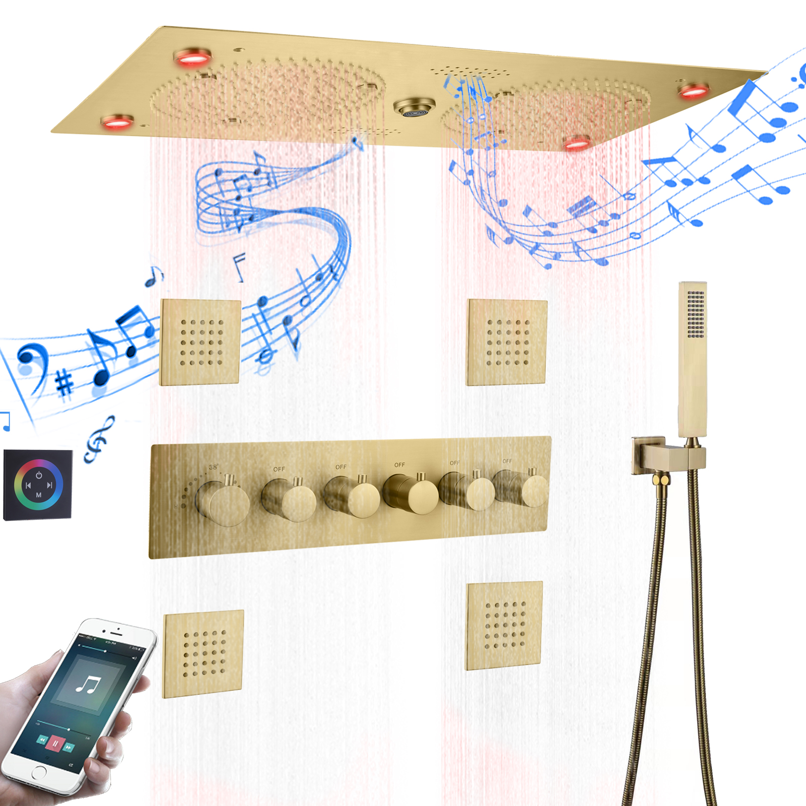 Music Shower Set Brushed Gold Shower Column Rain Mist Multifunction LED Shower Faucet Thermostatic Mixing Valve
