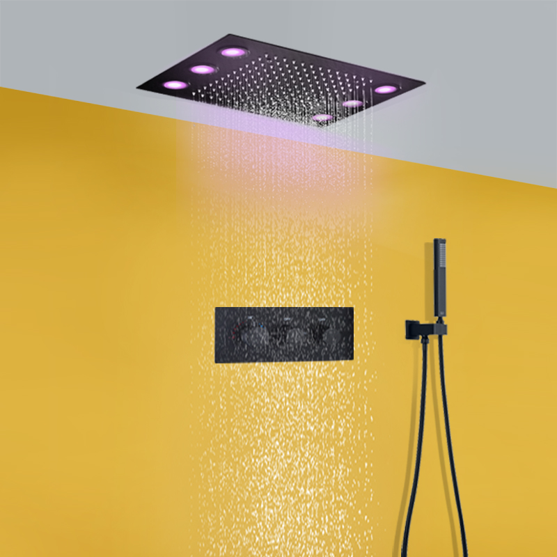 Matt Black 360x500 MM LED Ceiling Rainfall Shower Head Ceiling Recessed Thermostatic Two Functions Shower Mixer Set