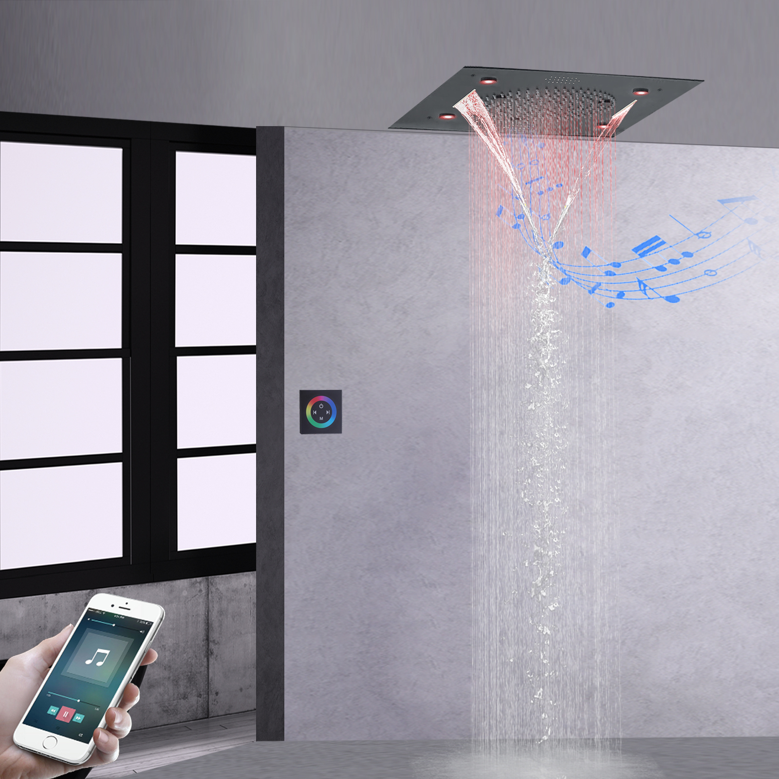 Smart Music Multiple Function Shower Head Rainfall Mistfall Waterfall Water Curtain Remote Control LED Bathroom Shower
