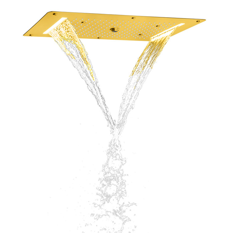 Luxury Brushed Gold Shower Head 70X38 CM LED Bathroom Multifunction Waterfall Rainfall Atomizing Bubble Shower