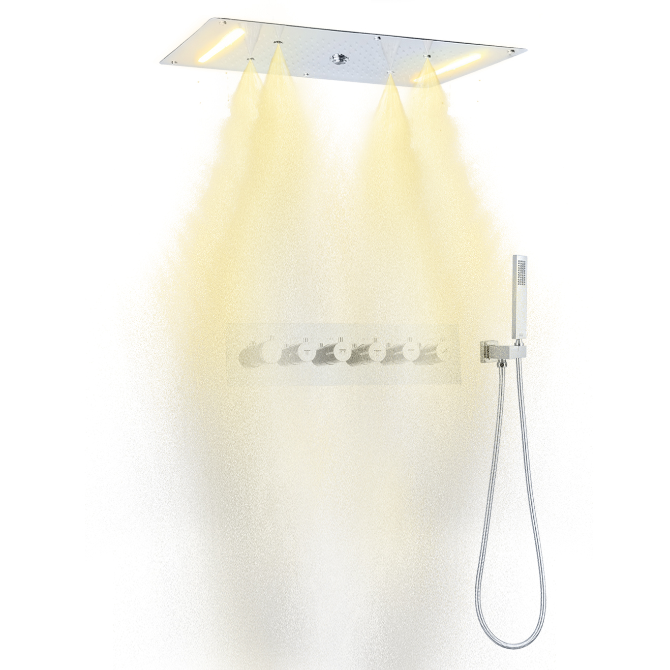 700X380MM SUS 304 Ceiling Mounted SPA Bathroom LED Thermostatic Mist Spray Waterfall Rainfall Shower Head Set