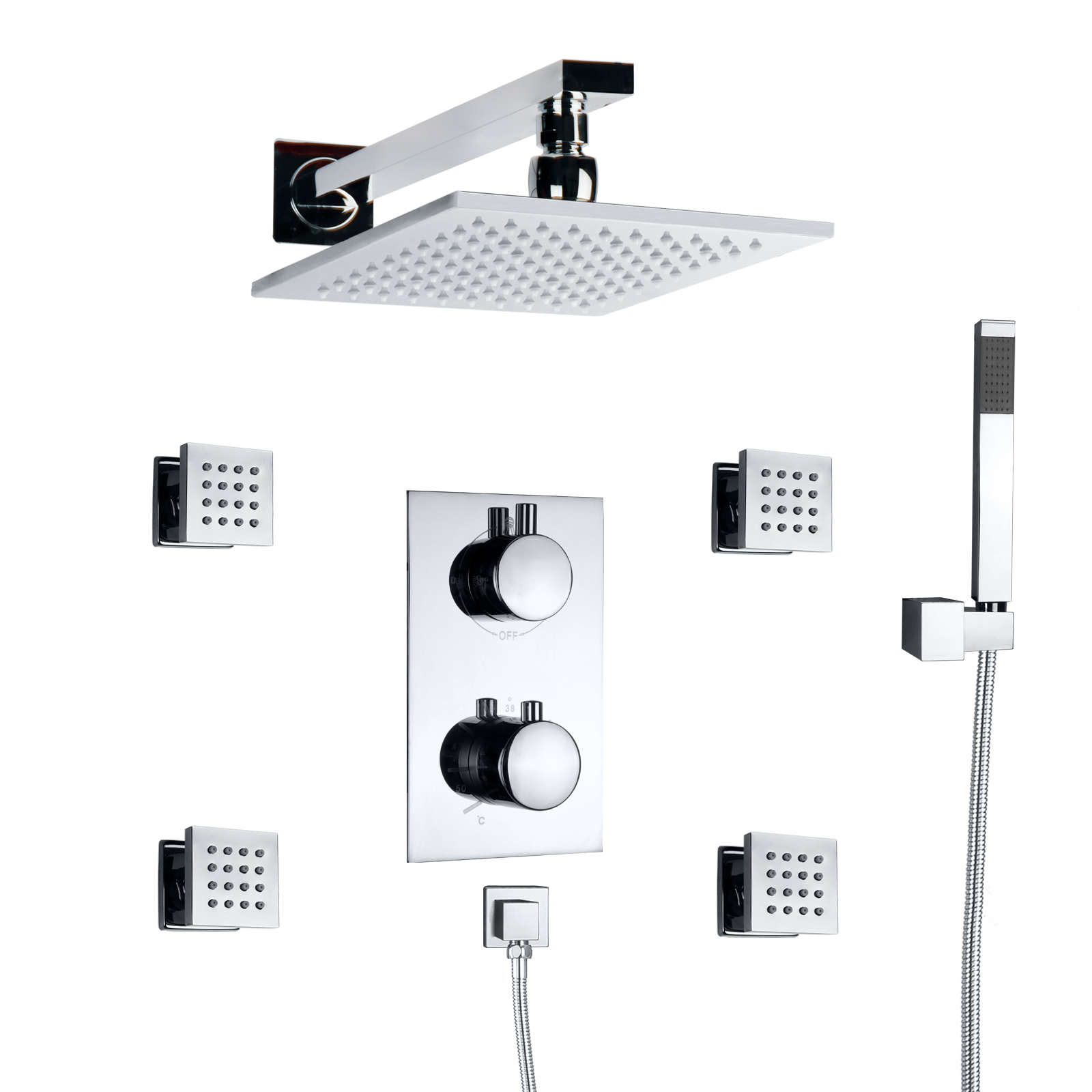 Chrome Polished LED Square Faucet Top Shower System Thermostatic Rainfall 3 Way To Shower