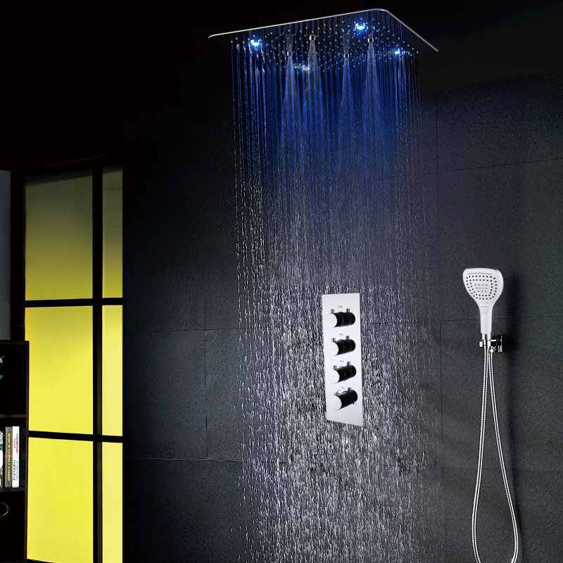 Exquisite Bathroom Luxury Ceiling Spa Massage Shower Head 7 Color Led Rain Overhead with Handheld Shower Mixer Set