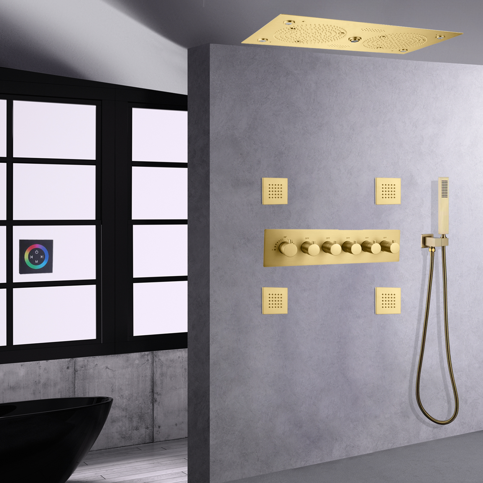 Brushed Gold LED Music Shower Faucet Built-in Shower Thermostatic Rainfall Douche Spa Shower Set