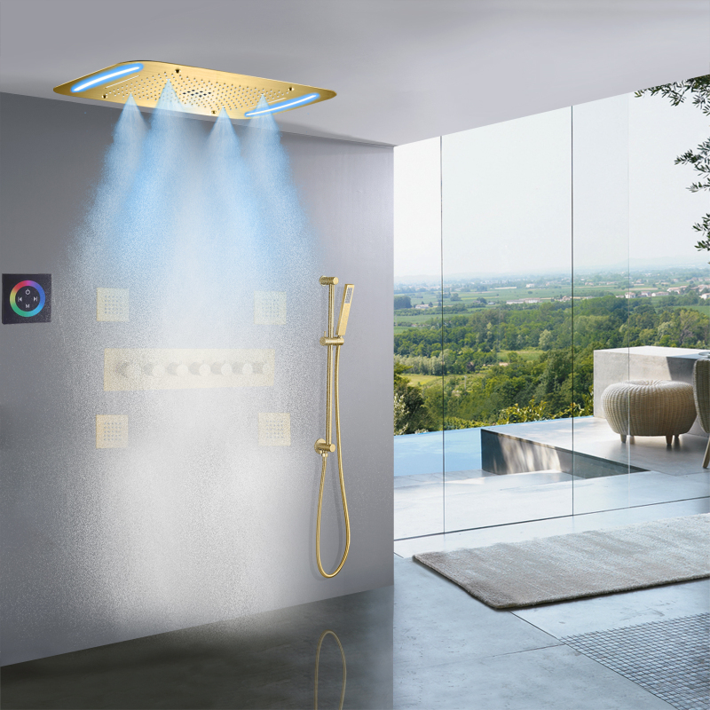 Brushed Gold Bath Shower 71X43 CM LED Bathroom Luxury High Flow Shower Thermostatic Rainfall Concealed Shower System