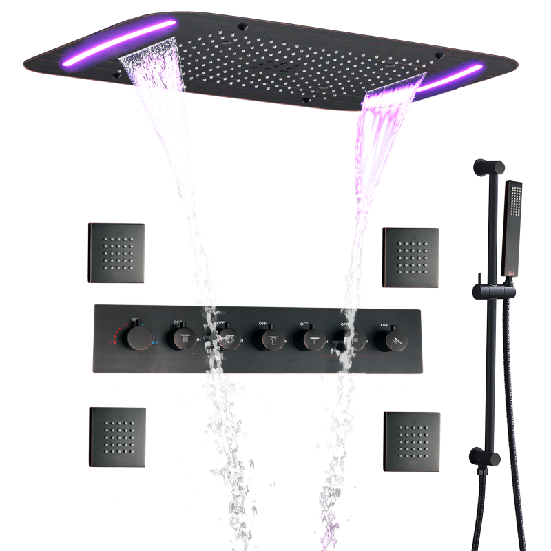 Oil Rubbed Bronze Thermostatic Shower Faucet 71X43 CM Luxury Bathroom LED Massage Rainfall Spray Shower Set