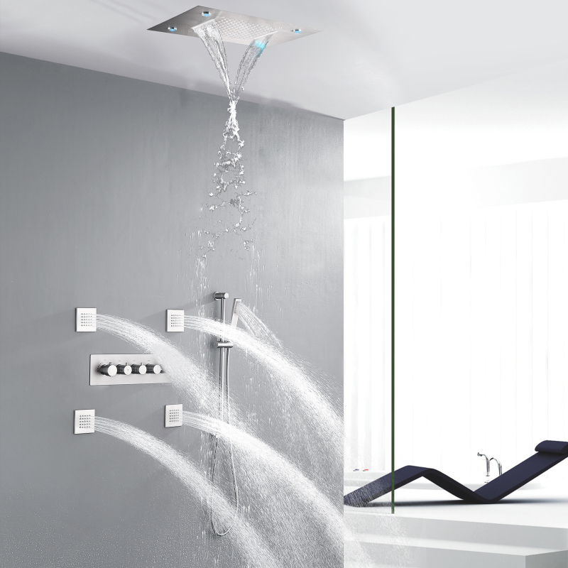 Conceal Thermostatic Shower Faucet Set 14 X 20 Inch Waterfall And Rainfall Ceil Shower Head With LED Color Lights