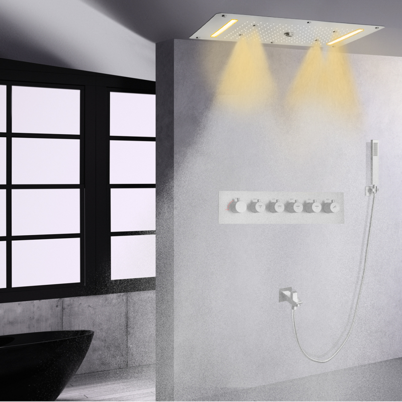 Brushed Nickel Thermostatic Shower System 700 X 380 MM Rainfall Shower Bathroom Set With LED Remote Control Panel