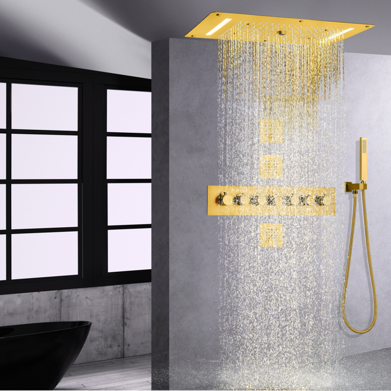 Brushed Gold Thermostatic Shower System LED Concealed Shower Mixer Rainfall Waterfall Massage