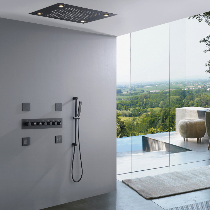 Thermostatic Shower Head Black LED Concealed With Handheld Spray Jets Bathroom Waterfall Rainfall