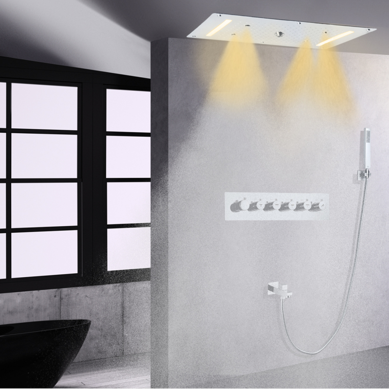 Modern Chrome Polished Thermostatic Shower Faucet Set Rain 70X38 CM LED Waterfall Spray Rains Faucet With Hand Hold