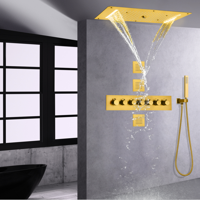 Brushed Gold Thermostatic Rainfall Shower System 700X380 MM LED Bathroom Waterfall Hydro Jet Massage