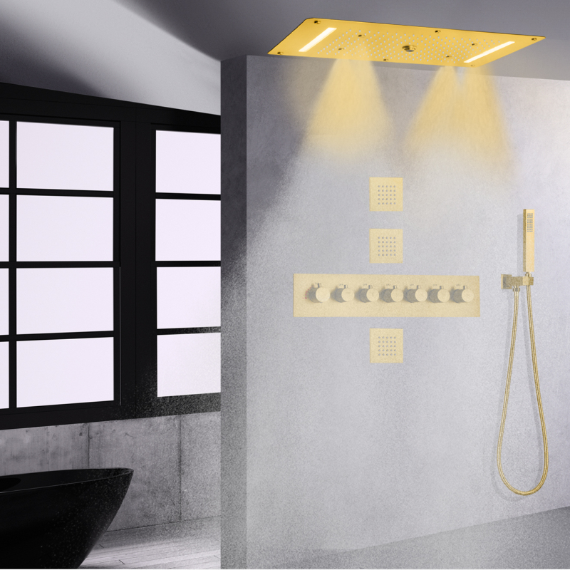 Thermostatic Brushed Gold Rainfall Shower System 700X380 MM LED Bathroom Shower Head With Hand Shower