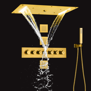 Brushed Gold Thermostatic LED 700X380 MM Concealed Shower System Shower Mixer Rainfall Waterfall Massage