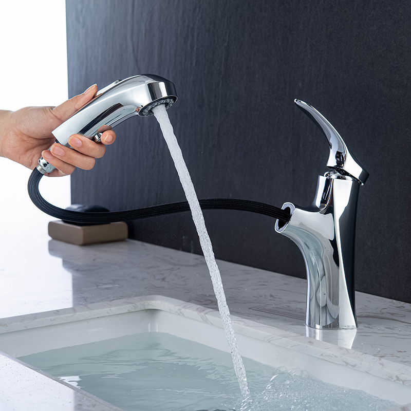 Single Handle Basin Faucet Chrome Polished Sink Mixer Full Out Double Water Functions Head Contemporary