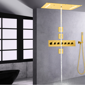 Gold Polished Thermostatic Control Ceiling Shower Rainfall Hand Hold Shower Head Panel Massage Shower Set