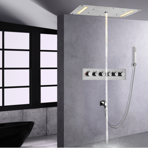 700 X 380 MM Shower Set Ceiling Waterfall LED Brushed Nickel Hand Hold Thermostatic Rainfall