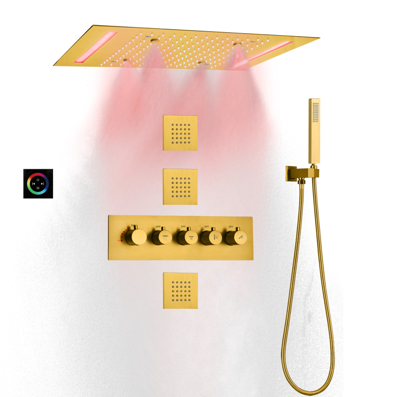Brushed Gold Rain Shower Head With Hand Sprays Thermostatic 14 X 20 Inch Ceiling Mounted LED Shower Faucet Set