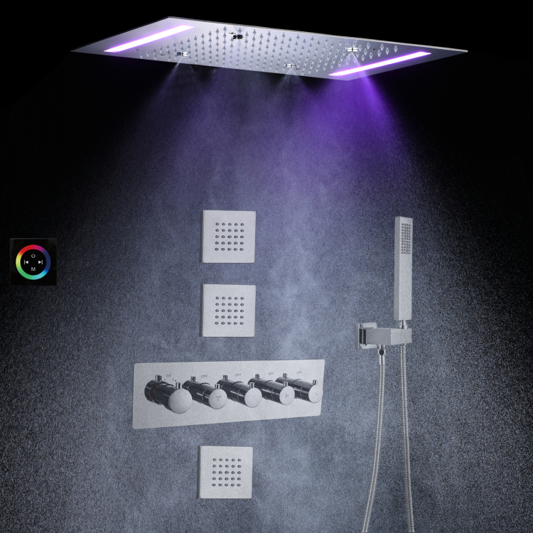 Chrome Thermostatic Rain Shower Head Set 14 X 20 Inch LED Modern Bathroom Rainfall Shower System