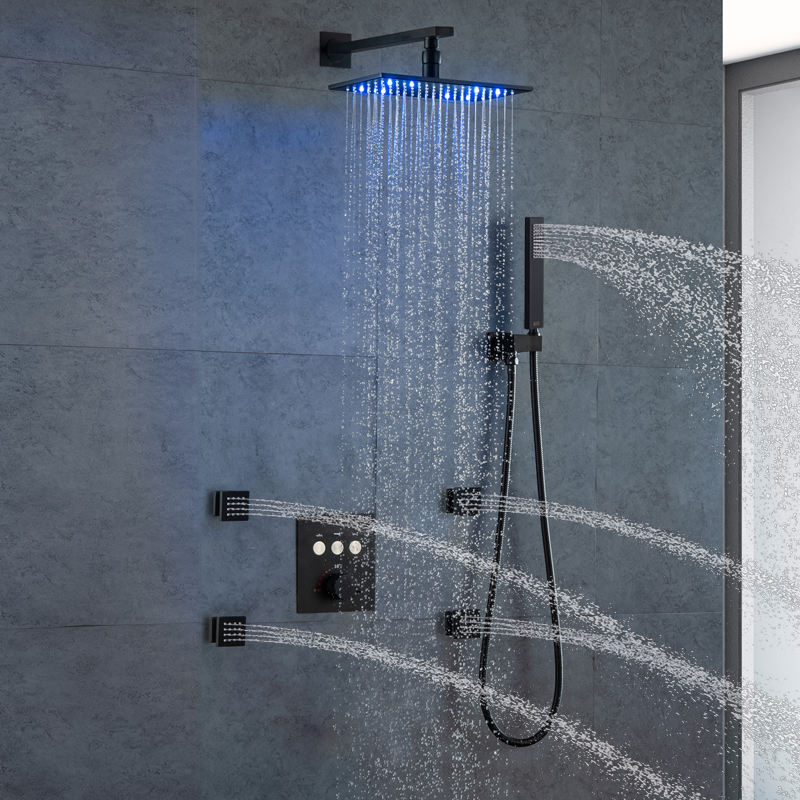 Wall Mounted Black Shower Faucet Set Thermostatic Shower Mixer Valve 8 X 12 Inch LED Rainfall Shower Head