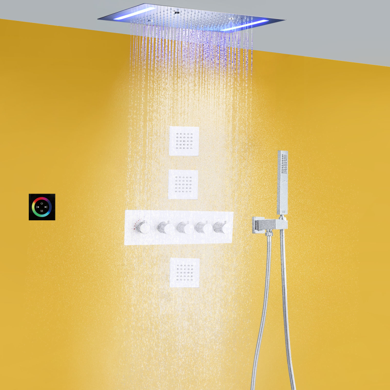 Chrome Thermostatic Rain Shower System Set 14 X 20 Inch LED Luxury Bathroom Mist Shower