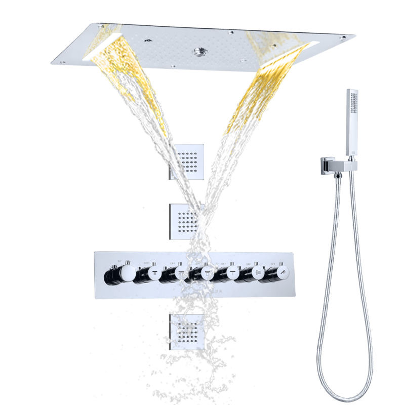 Chrome Thermostatic Shower Set 700X380 MM LED Bathroom High Flow Shower Waterfall Combo System