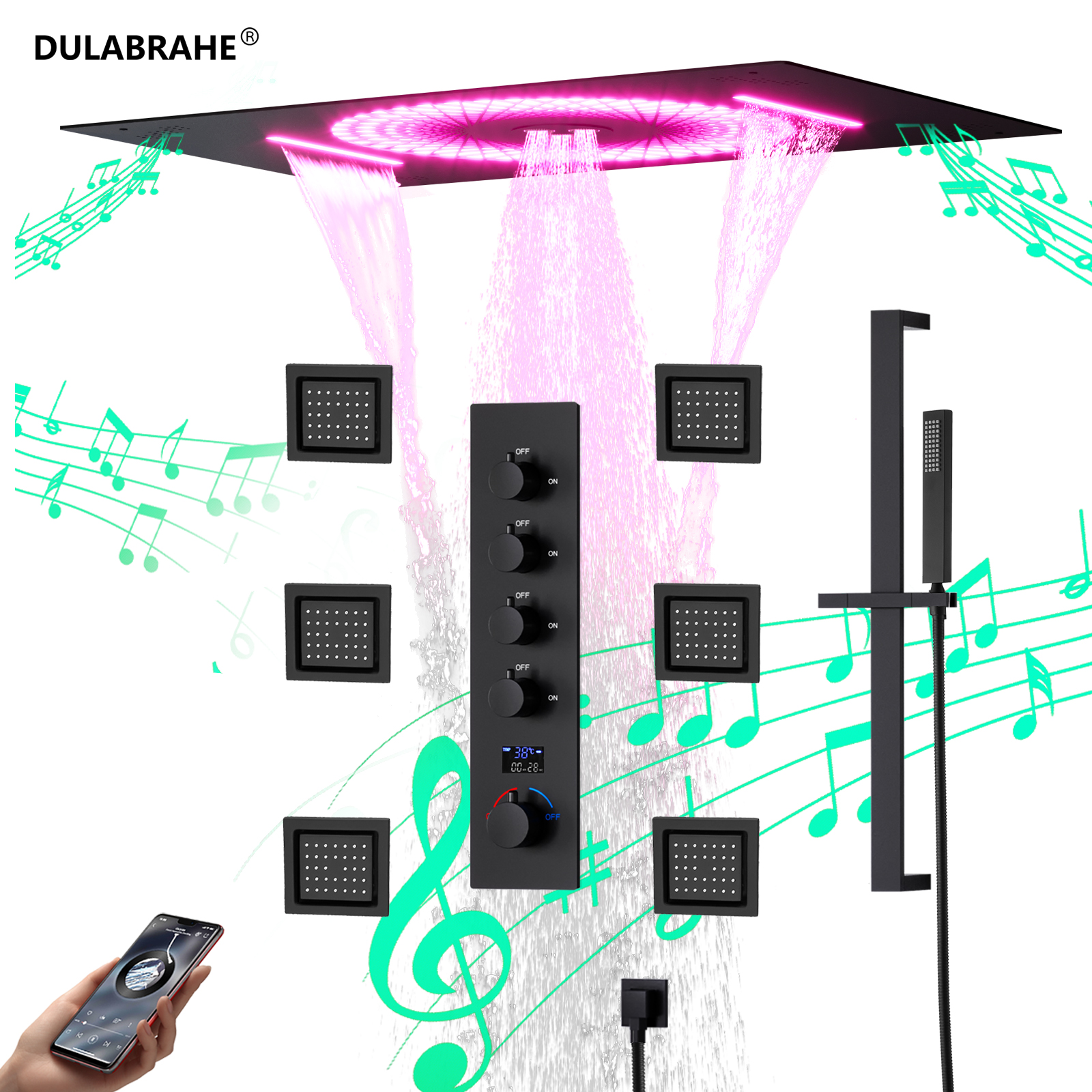 Music Ceiling Color-changing Led Shower Head Recessed Water Column Waterfall Shower Head Temperature Display Hot And Cold Shower Faucet Set