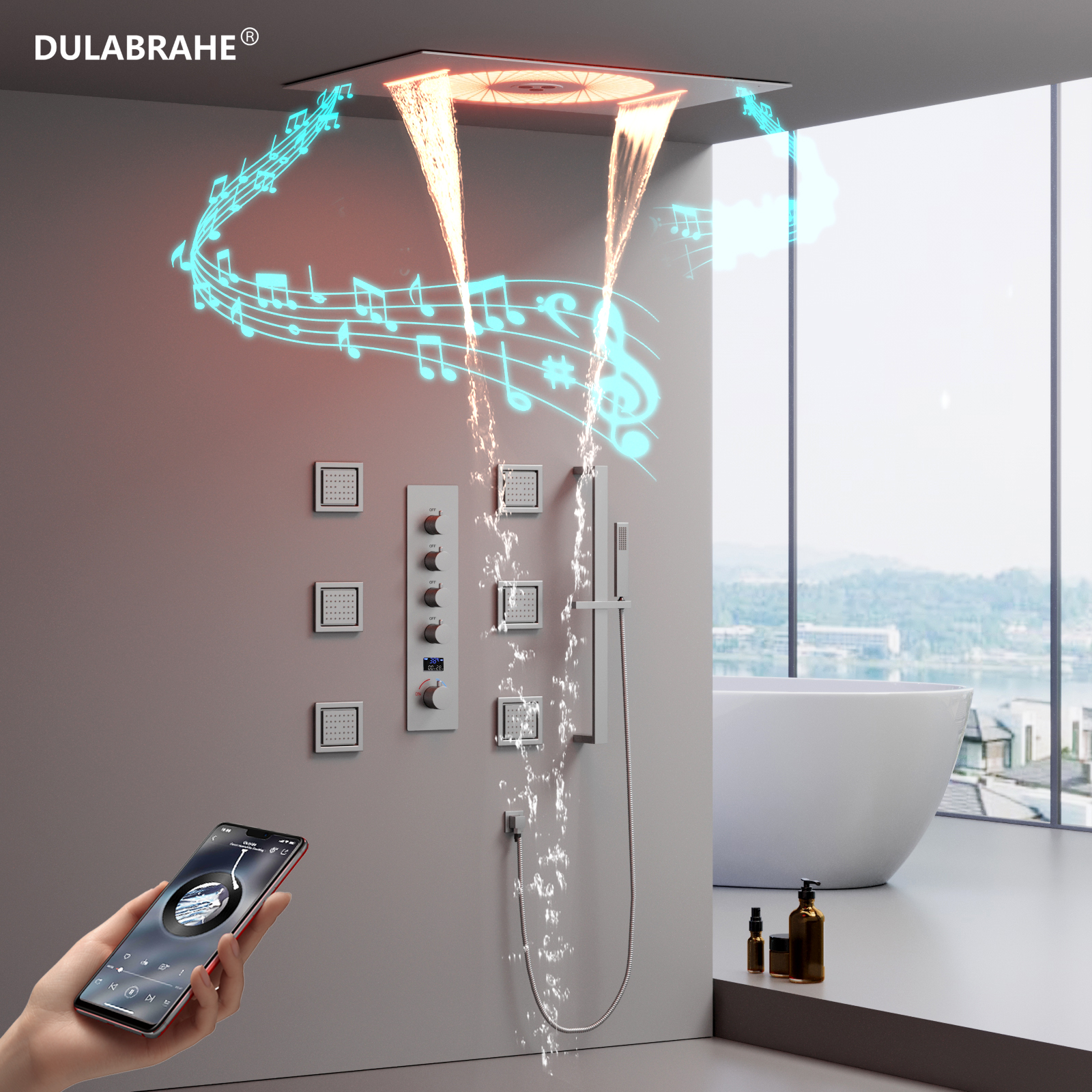 Modern Home Bathroom Vertical Hot & Cold with Digital Display Music LED Shower Head System with Lifting Lever Handheld Faucet Set