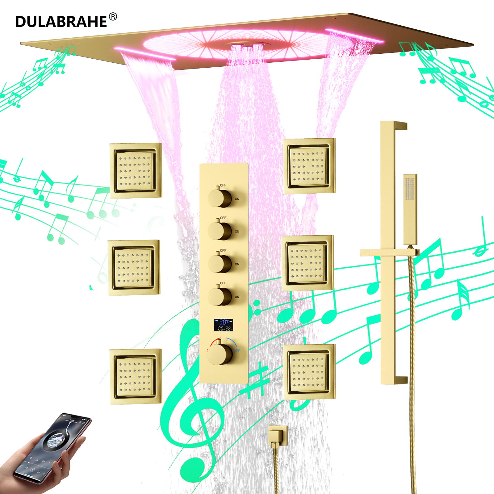DULABRAHE60x40.5CM Sky City LED Hot & Cold Flow Shower Set System Water Column Waterfall Shower Music Bathtub Set