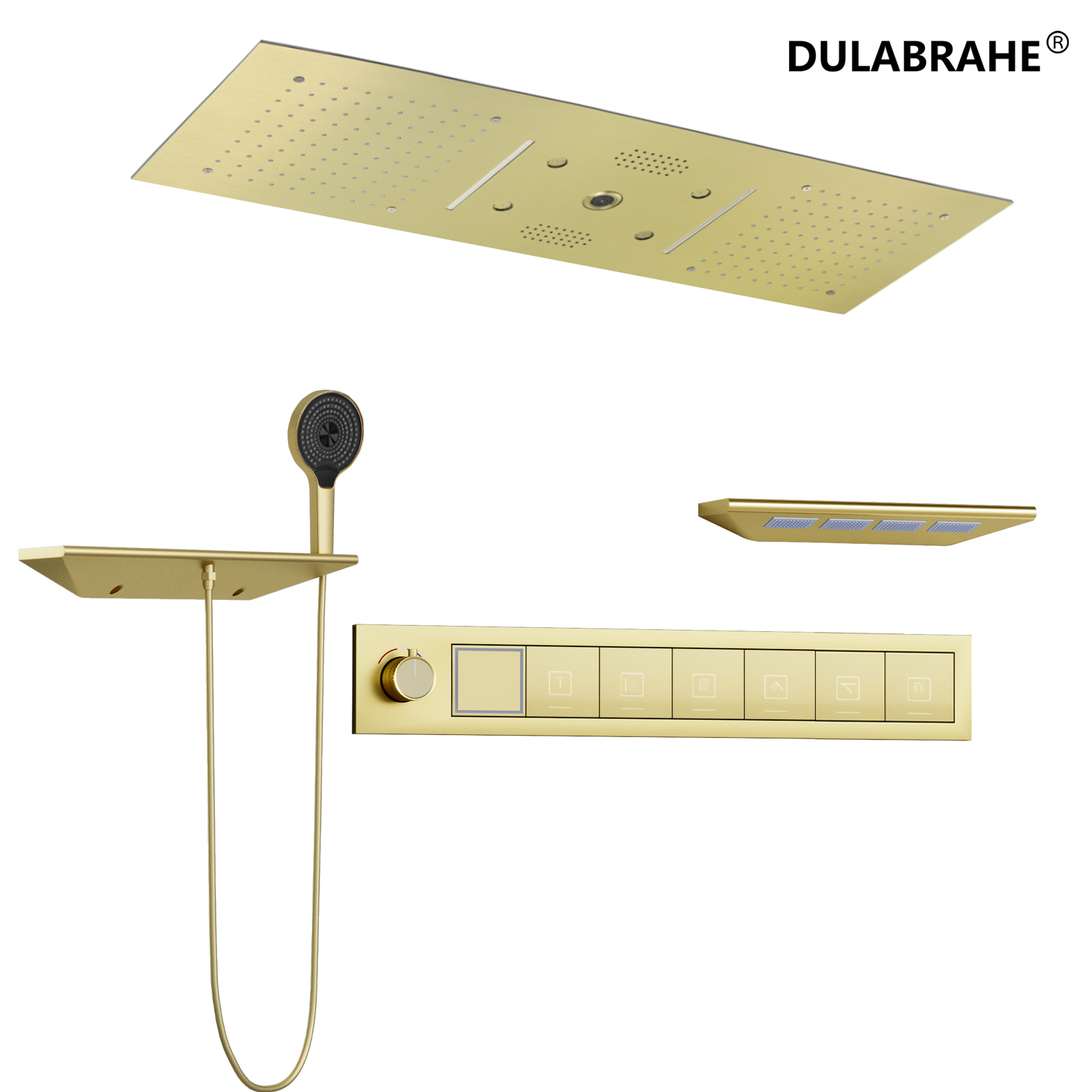 Brushed Gold Bathroom Constant Temperature High Flow Shower Led Light Shower Head with Speaker Waterfall Rainforest System