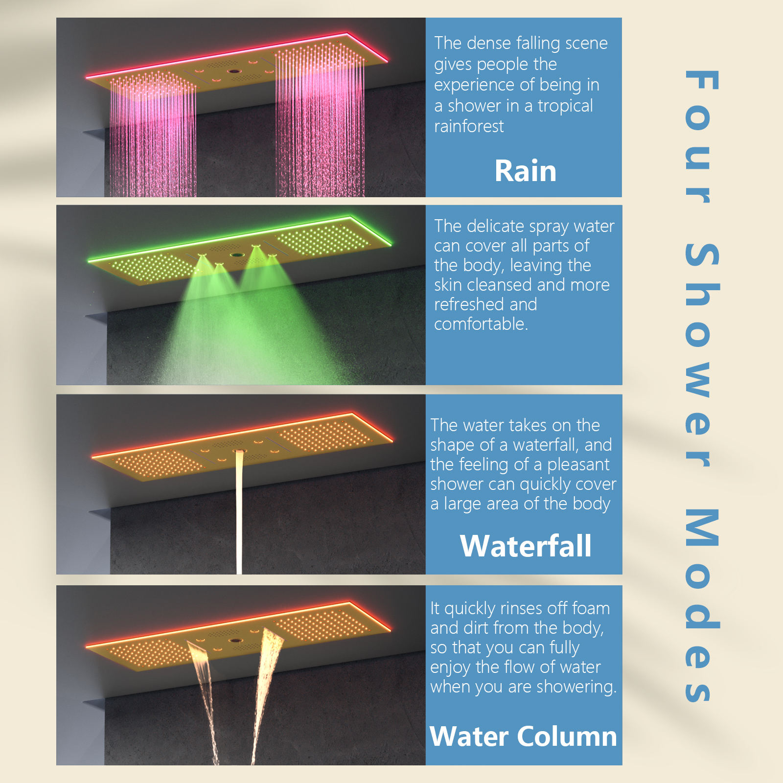 led rainfall waterfall shower head