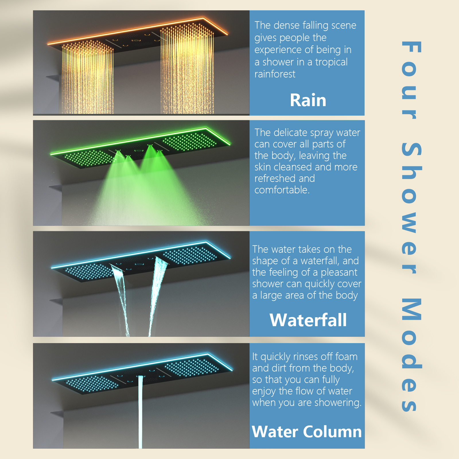 led rainfall waterfall shower head