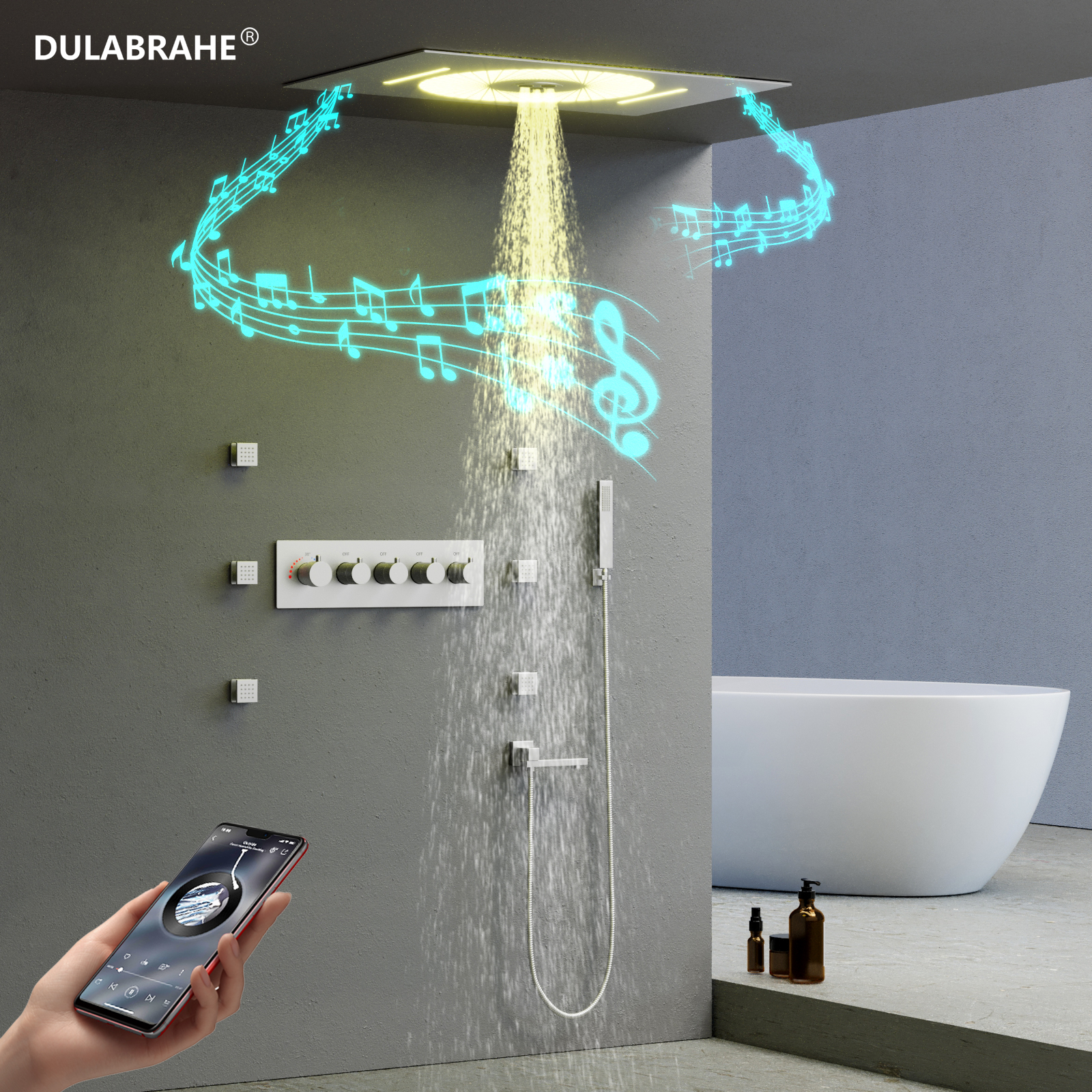 New 600*405mm Rain Waterfall Spray Shower Faucet Bathroom Ceiling LED Music Shower Set items
