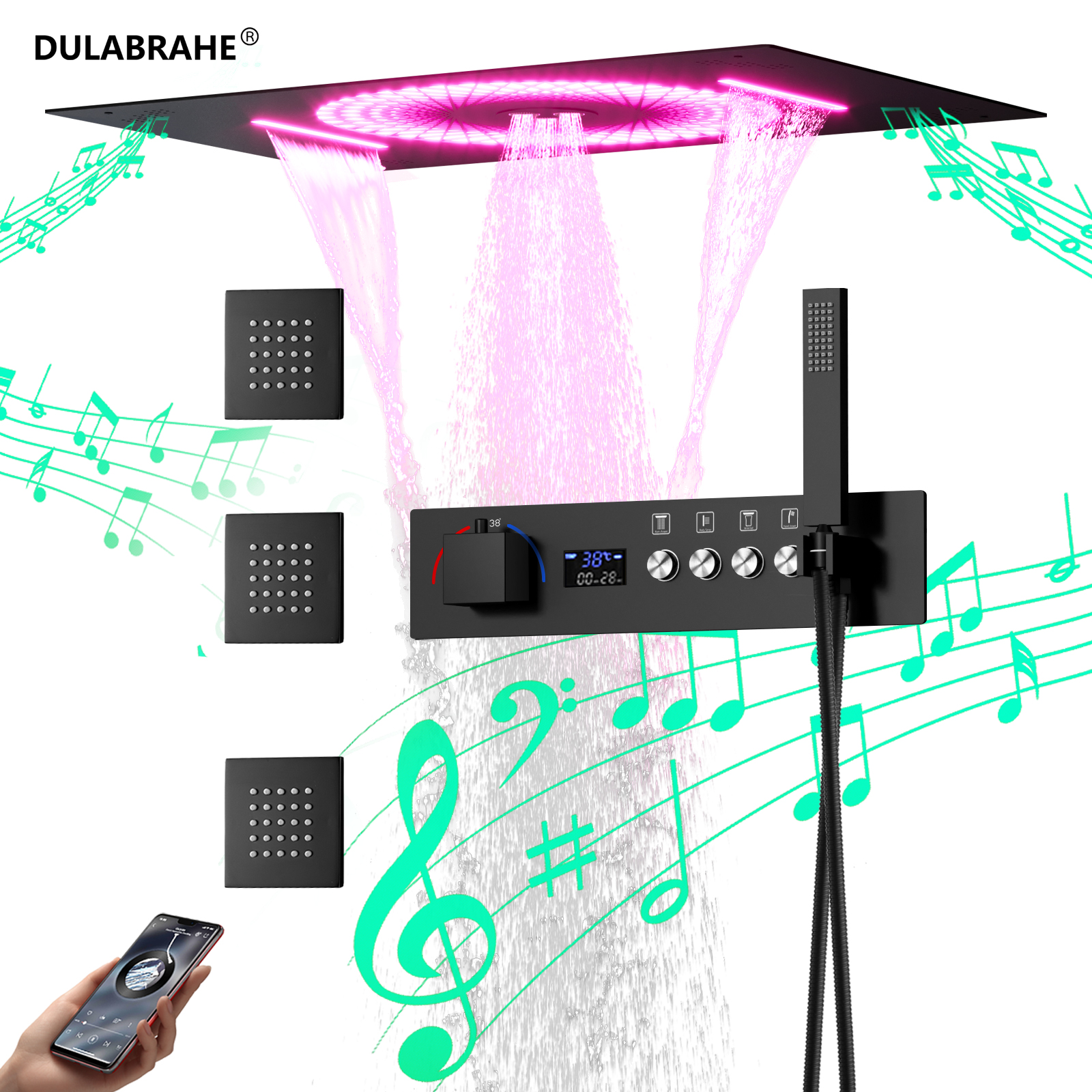 600X405MM Top Spray Shower Head with Music Speakers LED Waterfall Jet Bath Thermostat Shower Faucet Set