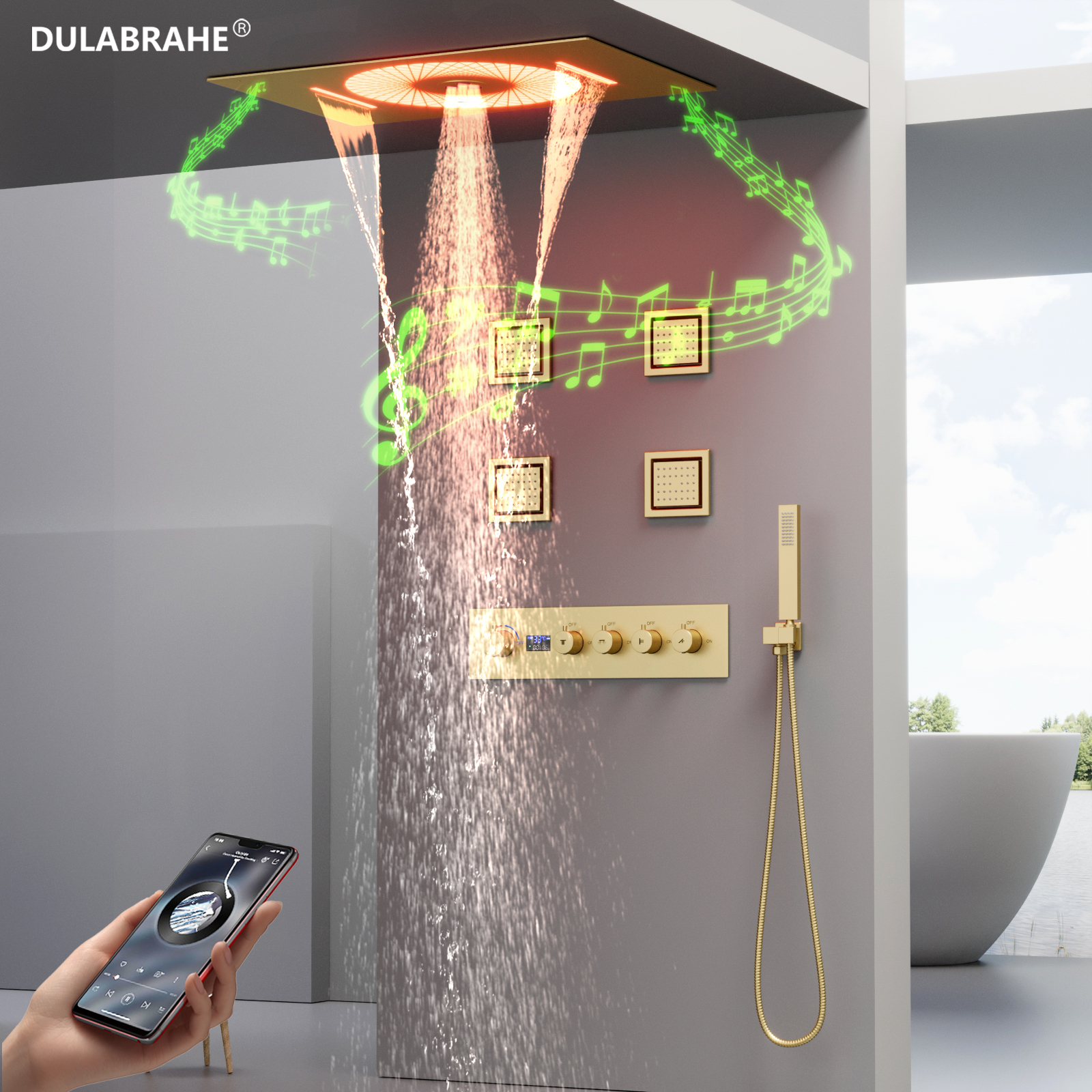 Brushed Gold Music LED Shower System Rain Shower Head Set with Digital Hot And Cold Mixing Valve